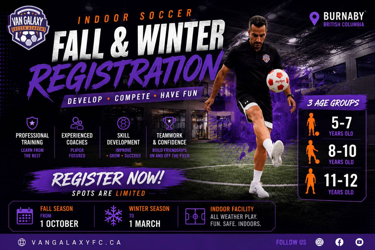 Van Galaxy Soccer Academy — Fall & Winter indoor soccer registration in Burnaby, BC. Ages 5 to 12. Register now.
