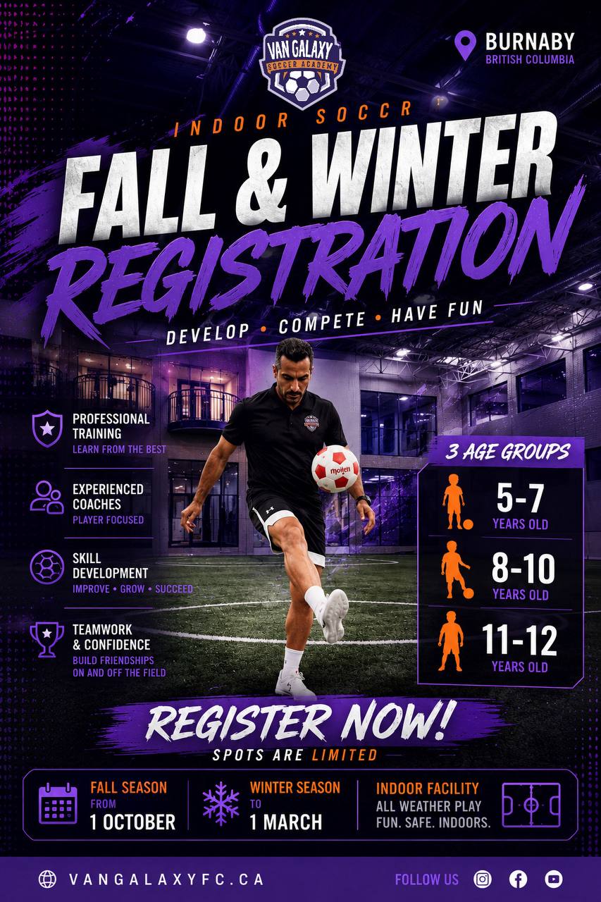 Van Galaxy Soccer Academy — Fall & Winter indoor soccer registration in Burnaby, BC. Ages 5 to 12. Register now.